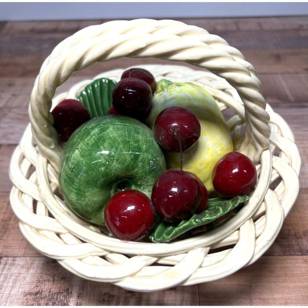 Vintage Italian Ceramic Fruit Basket With Lemons Apples Cherries & Woven Handle